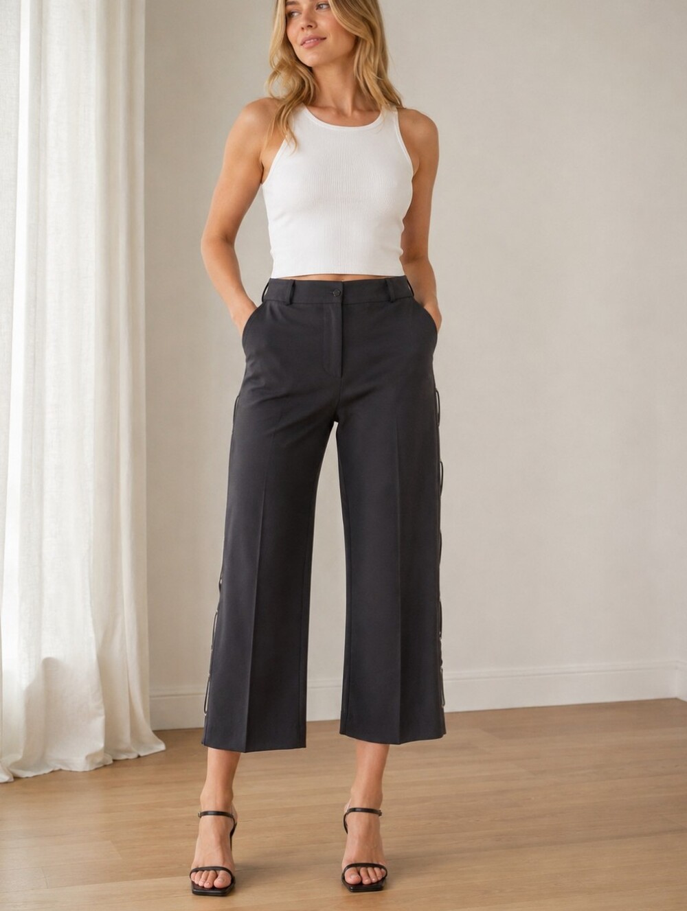 Joseph Ribkoff Black Cropped Wide Leg Pants with Side Toggle Detail